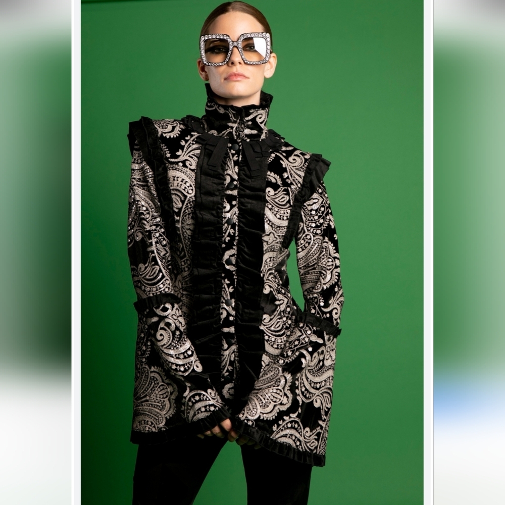Nuvula Steampunk Glam Goth Black & White Velvet Embroidered & Sequin Jacket
